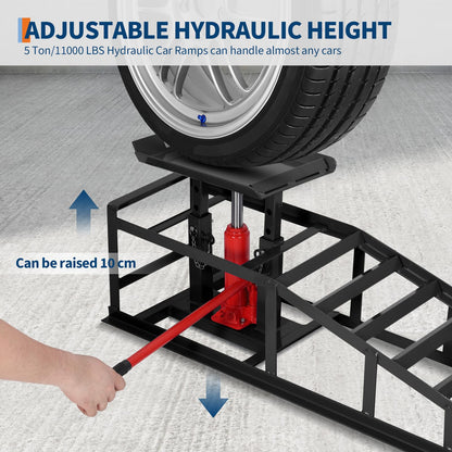 2 Pcs Hydraulic Car Ramps, 5 Ton (11,065 LBS) Heavy Duty Steel Car Lift Ramps with Hydraulic Jack for Oil Changes & Truck Repair, 9.4"-13.34" High Lift, Home Garage Vehicle Ramps