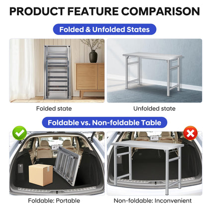 60" x 24" Stainless Steel Folding Table - 520 LBS Commercial Foldable Prep Table, Open Base Worktable with Adjustable Undershelf and Feet, for Home Kitchen Restaurant Garage Warehouse, Heavy Duty
