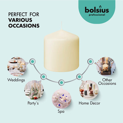 BOLSIUS 6 Ivory Pillar Candles Bulk - 3x3 Inches Candle Set - 25+ Hours Clean Burning - No Palm Oil - 0% Animal Fat - Premium European Quality - Unscented Dripless Dinner Pillars