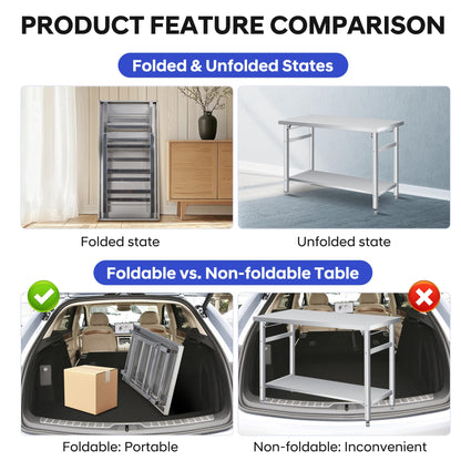 GAOMON 48" Folding Stainless Steel Table, 920 LBS Commercial Worktable Workstation with Undershelf for Prep & Work, NSF Stainless Steel Kitchen Island for Home Kitchen Restaurant Garage Warehouse