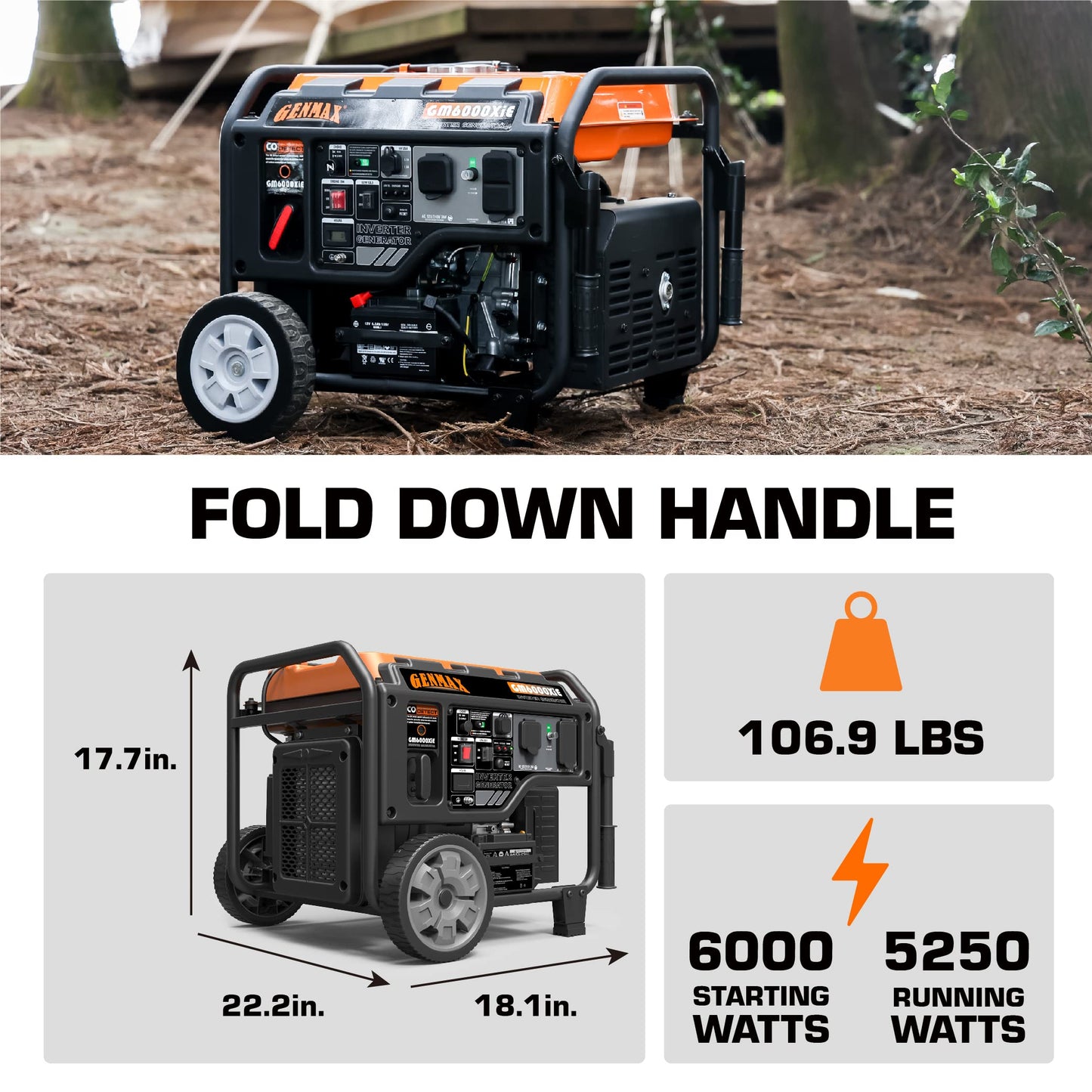 GENMAX Portable Inverter Generator, 6000W open frame Gas Powered High Speed Engine with Electric Start, Ultra Lightweight for Backup Home Use & Job Site，EPA Compliant (GM6000XiE)