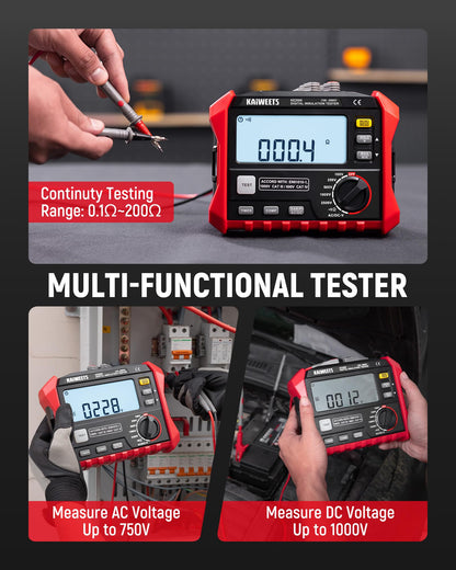 KAIWEETS Insulation Resistance Tester, Up to 200GΩ, Pro Megohmmeter, 5 Range 100V/250V/500V/1000V/2500V, One-Toch DAR/PI, Max/Min, Measures Resistance, AC/DC Voltage for HVAC, Motors, Solar, KE2500