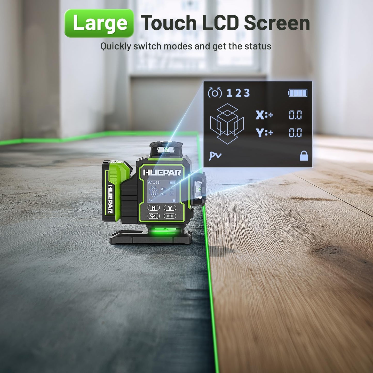 Huepar Laser Level 360 Self Leveling, W04CG Upgraded 4x360° Bluetooth Construction Lazer Leveler Tool with Electric Rotating Base ＆ Large LCD Screen, 4D 16 Lines Green Cross Laser Level