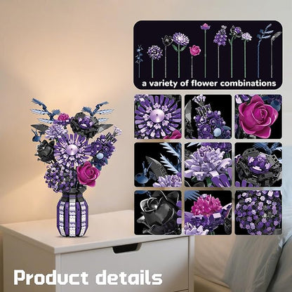 Purple Flower Bouquet Building Set with Vase Plant Botanical Collection for Adults Women Girl 14+ Gothic Home Decor