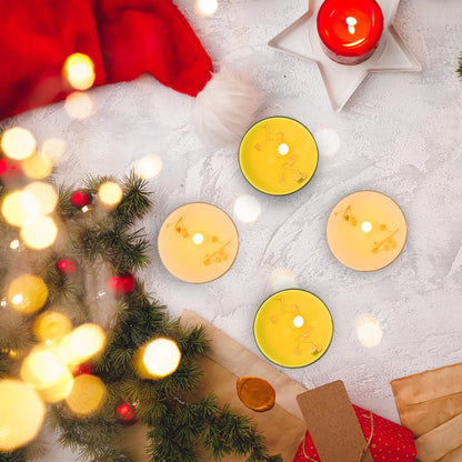 English Pear & Freesia Scented Tea Lights, 4-Pack White & Green Beeswax Soy Wax Tealight Candles with Dried Flower Decoration, Long-Lasting, Ideal for Relaxation, Spa, and Gifts
