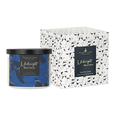 PROSPERRO LUMO by Parkash Candles Premium Scented Soy Wax Candle 500 gm 35-40 Hrs Luxury Aroma Therapy Triple Wick Votive Jar Candle | Scented Candles for Home Decor Gift Set (Midnight Blue Citrus)
