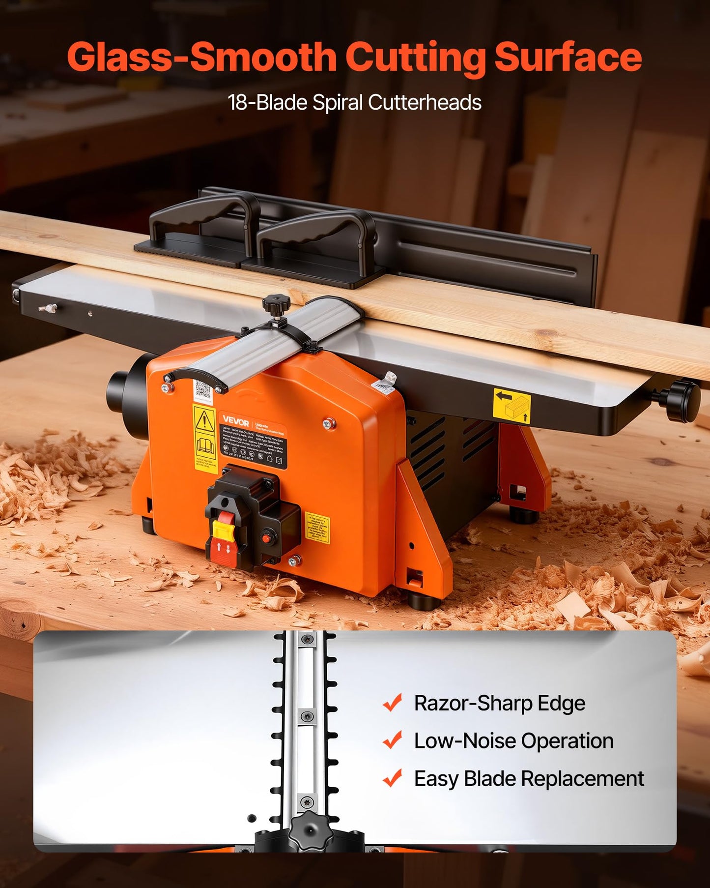 VEVOR Spiral Benchtop Jointer, 8 Inch, 2 HP 8500 RPM Bench Top Wood Jointer, with 18-Blade Spiral Cutterhead, Extendable Cast Aluminum Table, Up to 1/8 in Depth, Adjustable Fence, for Woodworking DIY