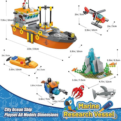 City Ocean Explorer Ship Building Set Exploration Boat Set Toy Building Block with LED Lights Helicopter Submarine and Shark Cage Birthday Gifts for 6 8 10 12 Years Old Boys Kids Girls