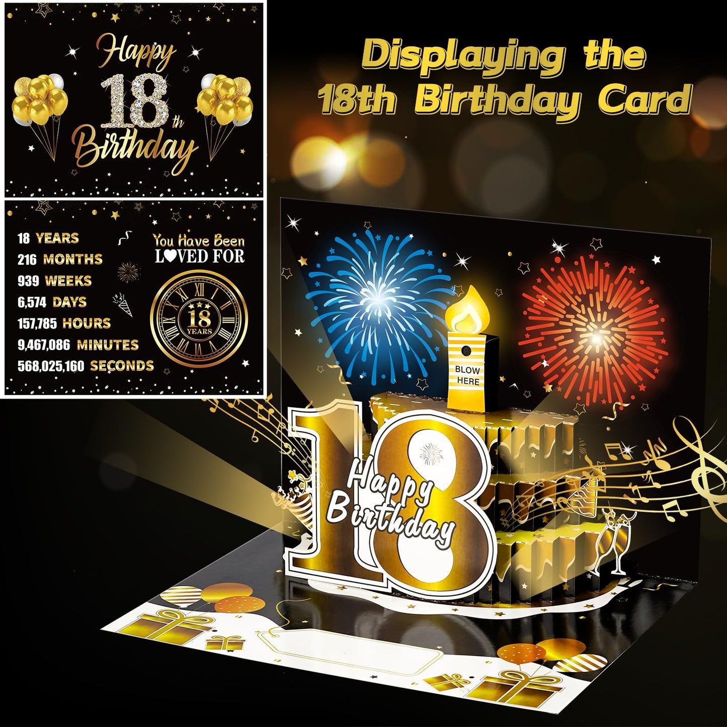 Turypaty 18th Birthday Cards Pop Up 3D Cake - Firework & Music & Blow Out Candle Light Funny Happy 18 Black Gold Birthday Card Gifts for Boys, Girls, Friends, Son, Daughter, Grandson, Boyfriend