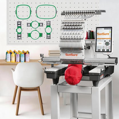 SUNSURE 15-Needle Super Silent Commercial Embroidery Machine, 24″ x 16″ Large Embroidery Area, 1200 SPM Speed, 12 inch Touchscreen, 3D&2D Cap,flat System Included, Pattern Free Design Support