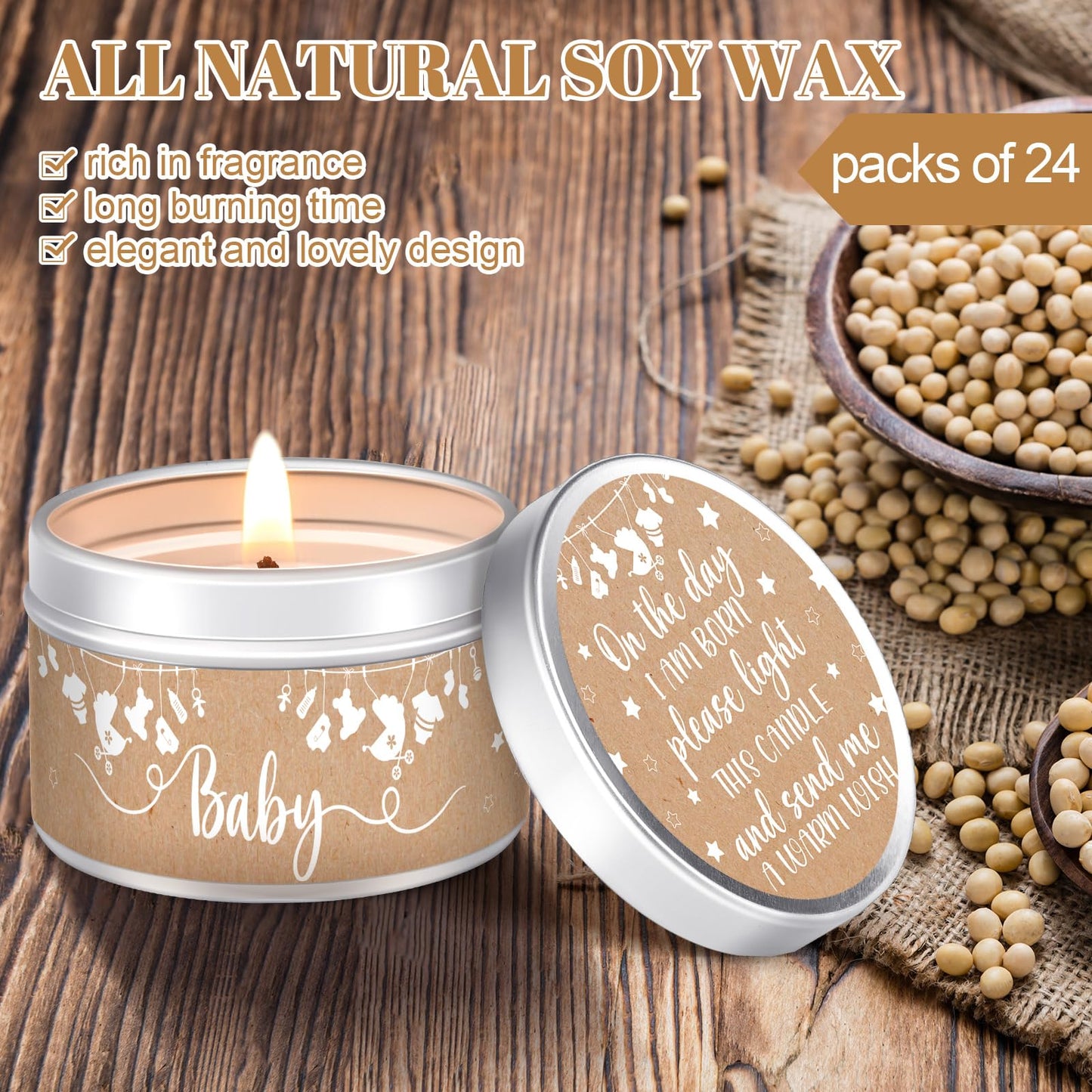 MTLEE 24 Pcs Kraft Paper Baby Shower Party Favors Candles Lavender Scented Baby Shower Favors for Guests Rustic Tealights Candles Gender Reveal Return Gifts (1.2 oz, Khaki)