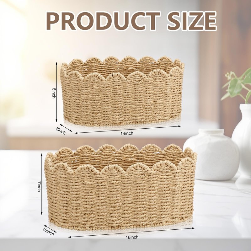 Kritkin 2 Pcs Scalloped Basket Set Hand-woven Baskets with Scalloped Design, 16 x 10 x 7 Inch & 14 x 8 x 6 Inch for Living Room Bedroom Laundry Nursey Storage