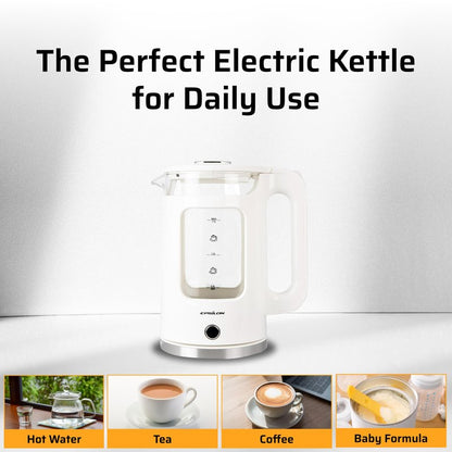 Epsilon 1.7L Glass Electric Kettle – Hot Water Tea Kettle with LED Light, Stainless Steel & Borosilicate Glass, Auto Shut-Off, BPA-Free Electric Teapot, 1100W Fast Boil, Cool Touch