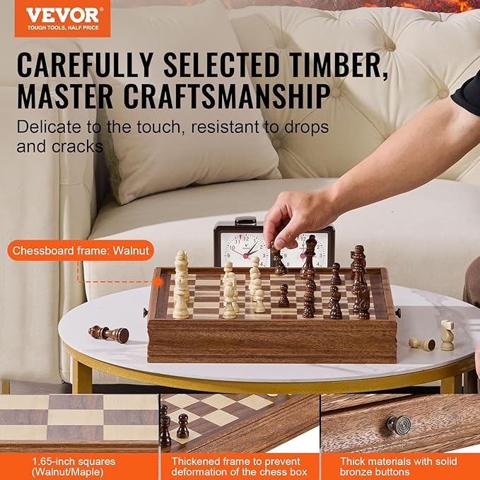 VEVOR Solid Wood Chess Set 15 inch 2-in-1 Chess Checkers Game Set Chess Board Games with Storage Drawer &amp Weighted Chess Checkers Pieces &amp 2 Queens Christmas Crafts Xmas Gift