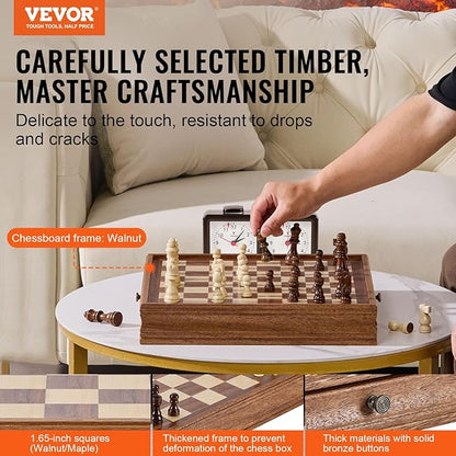 VEVOR Solid Wood Chess Set 15 inch 2-in-1 Chess Checkers Game Set Chess Board Games with Storage Drawer &amp Weighted Chess Checkers Pieces &amp 2 Queens Christmas Crafts Xmas Gift