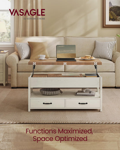VASAGLE Coffee Table Lift Top, 3 in 1 Center Table with Storage, Gas Spring, 2 Drawers and 3 Hidden Compartments, Open Shelf, for Living Room, Home Office, Honey Brown and Rustic White ULCT254W01