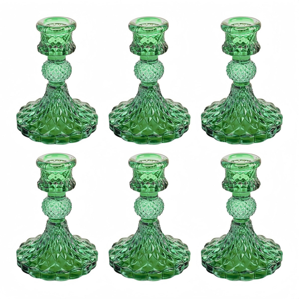 ECHFSM Glass Candlestick Holder,Striped Taper Candle Holders,Set of 6 Candle Stand for Table Centerpieces, Home Decor,Weddings,Festival and Parties (Green Dimond Pattern)