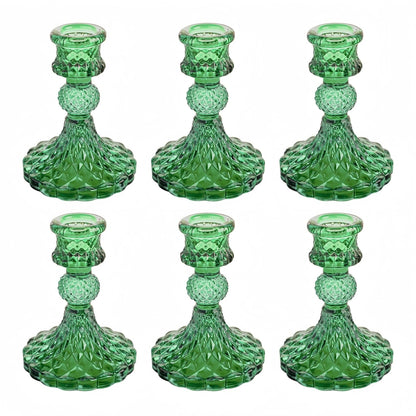 ECHFSM Glass Candlestick Holder,Striped Taper Candle Holders,Set of 6 Candle Stand for Table Centerpieces, Home Decor,Weddings,Festival and Parties (Green Dimond Pattern)