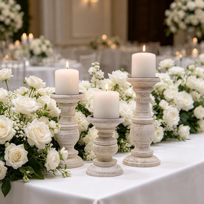 Hosley Set of 3 Whitewashed Wooden Pillar Candle Holders – 10”, 8”, and 6” Heights – Ideal for LED and Pillar Candles, Weddings, Parties, Home Décor, Spa, Reiki, and Aromatherapy