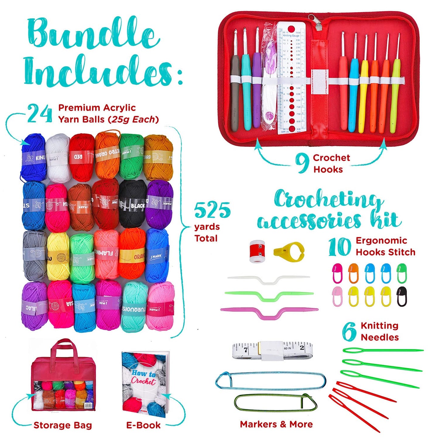 J MARK Crochet Kit for Beginners Adults -1320 Yards Crochet Set for Beginners, Crochet Starter Kit