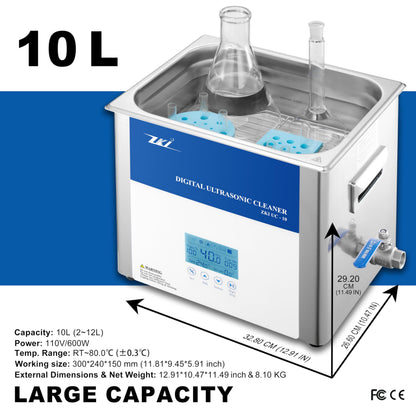 ZKI 10L Digital Ultrasonic Cleaning Machine, Adjustable Heater/Intensity/Timer Ultrasonic Cleaner, Degas Mode, Low-Noise, 12+ Hrs Run Time, Ideal for Jewelry, Lab, Glasses, Dentures, Ind. (110V/600W)