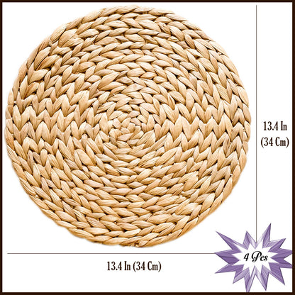 Woven Placemats Set of 4, Table Mats Set of 4, Water Hyacinth Round Placemats for Round Table, Chargers for Dinner Plates, Wicker Chargers for Dinner Plates, Woven Placemat, Place Mats 13.4 in
