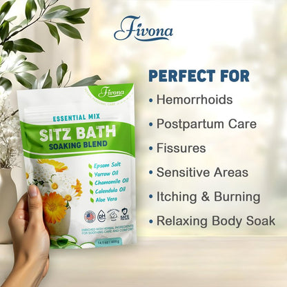 Hemorrhoid Care Postpartum Care Bartholin Cyst Relief - FIVONA Sitz Bath Salt Natural Epsom Blend with Essential Oils Soak - 14.1 oz