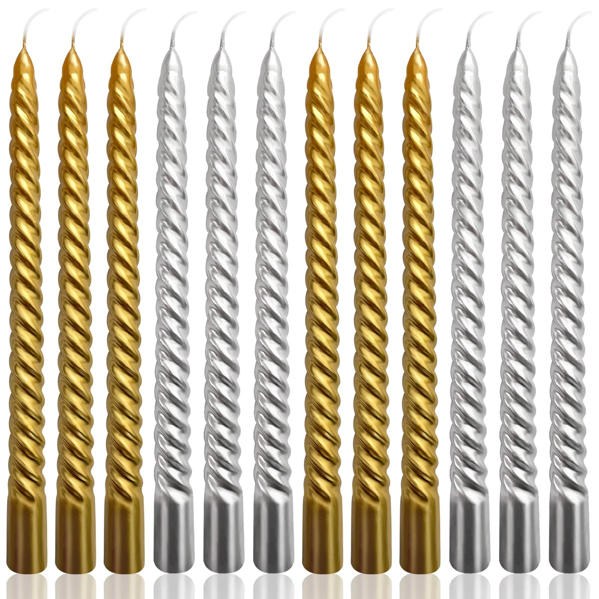10 Inch Spiral Taper Candles Set for Christmas, 6 Gold and 6 Silver Unscented Twisted Candlesticks, Dripelss Thin Tapered Candles for Holiday Party Decoration