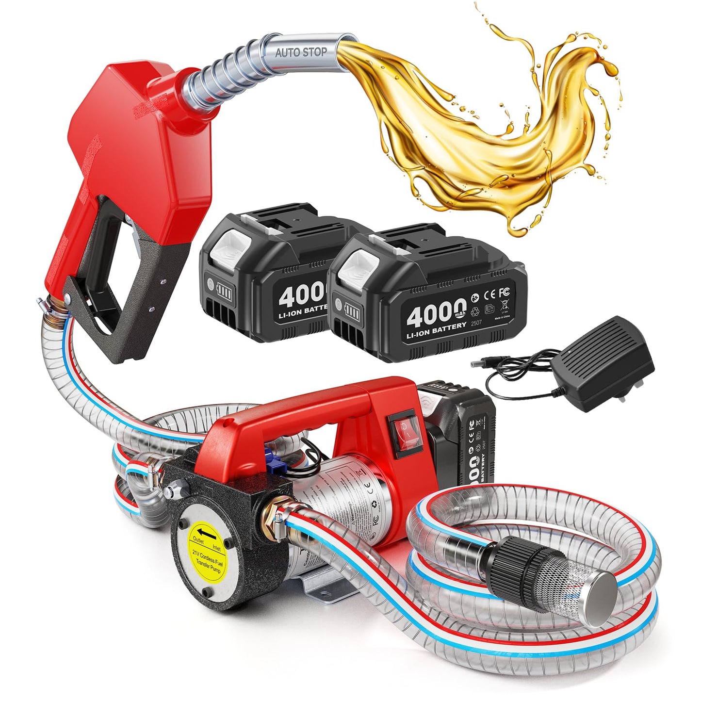 TaskStar Fuel Transfer Pump Battery Powered,12GPM Electric Pump Kit with 18V 2x4.0Ah Batteries & Charger, Portable Cordless Pump with Auto-off Nozzle & 2x 6.6FT Hoses for Diesel Kerosene Transfer