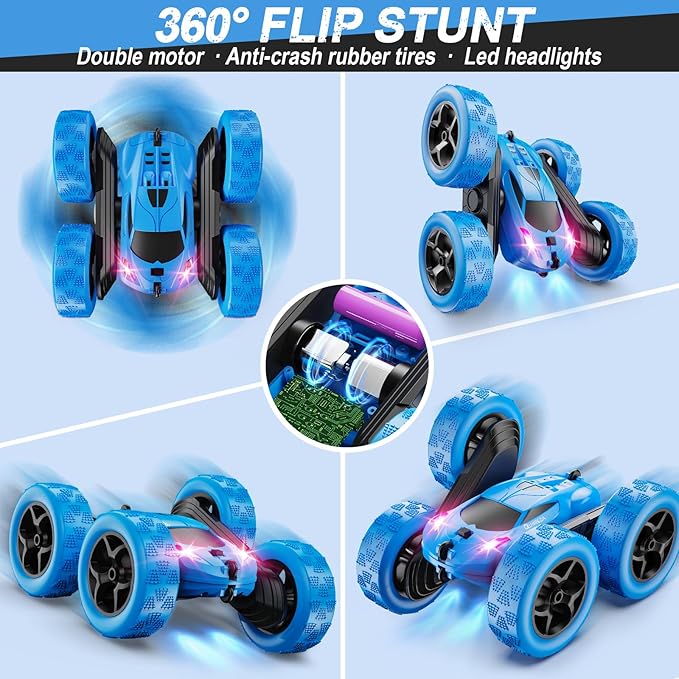 Remote Control Car RC Cars Toys for Kids Ages 6-12 4WD Stunt Car with LED Lights &amp 360° Flips 2.4GHz Upgraded USB-C Modular Batteries 8-10 Year Old Boys Birthday Gift 1-Blue