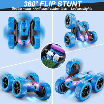 Remote Control Car RC Cars Toys for Kids Ages 6-12 4WD Stunt Car with LED Lights &amp 360° Flips 2.4GHz Upgraded USB-C Modular Batteries 8-10 Year Old Boys Birthday Gift 1-Blue