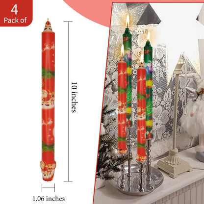 Taper Candles Christmas Printed Candlestick 4 PCS 10 inch Long Taper Candle Unscented Candlesticks Handmade Tapered Candles for Christmas Dinner Household Wedding Party Housewarming Home Décor Candles