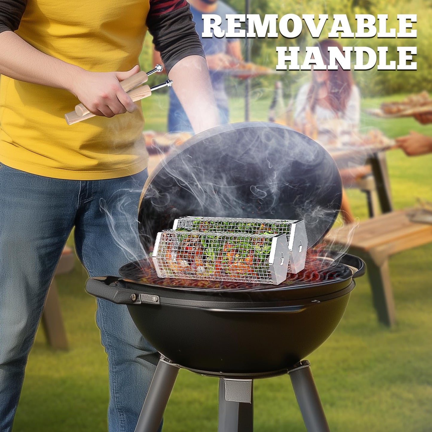 ivtivfu Rolling Grill Baskets (Hexagon), Removable Wooden Handle, 304 Stainless Steel, Nesting BBQ Accessories Tools for Vegetables Shrimp, Outdoor Cooking Camping, Birthday Gifts for Men Dad Husband