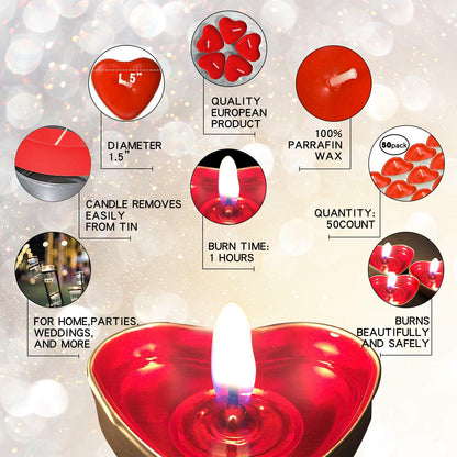 50Pack Heart Shaped Tealight Candles(25x2 Layers),Romantic Love Unscented Tea Lights Candles,Dripless & Long Lasting Smokeless Mini Tealight Candles for Romantic Decor,Pool,Home,Wedding (Purple)