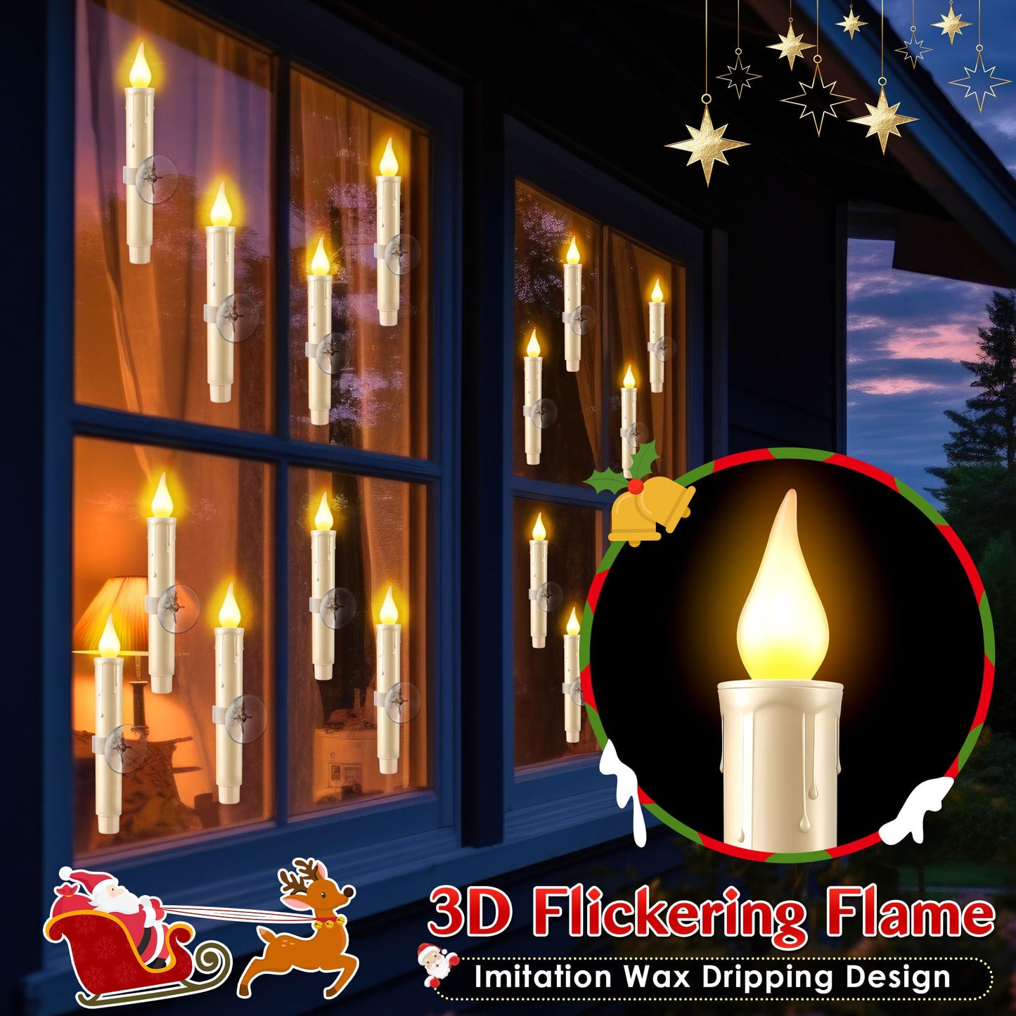 Enhon 18 Pcs Battery Operated Window Candles, Ivory LED Christmas Window Candles with Sensor Dusk to Dawn, Cordless Flameless Taper Candlestick with Battery & Suction Cup for Xmas Wedding Decorations