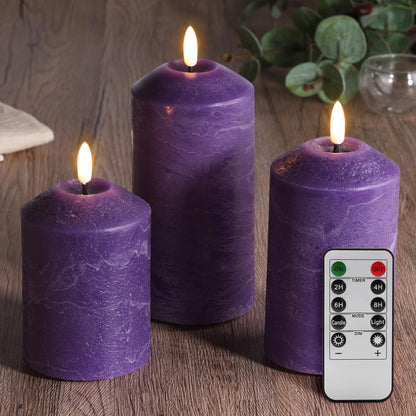 Eywamage Purple Flameless Pillar Candles with Remote, Christmas LED Candles Battery Operated Flickering Real Wax Set of 3