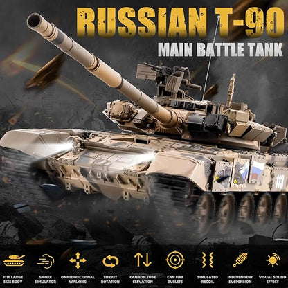 RC Tank Russian T-90 Main Battle Tank 1/16 2.4ghz Remote Control Vehicle with Sound &amp Light for Ages 14+