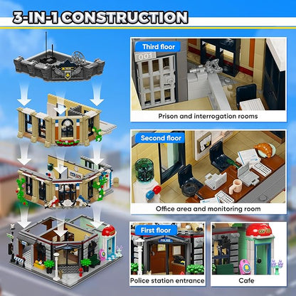 AsmrCap City Police Station Building Set for Boys Police Station Toy with Police Car Four-Floor Police Station with Office Interrogation Room Rooftop Radar Coffee Shop 2066PCS