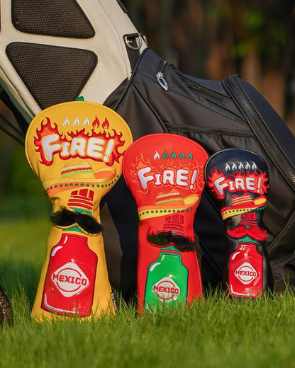 Golf Headcovers Golf Club Head Covers Chili Peppe - Mexico Style Premium Leather Driver Fairway(FW) Wood Hybrid(UT) with Number Tags Taco Fire Chili Sauce Pattern (Hybrid Head Cover)