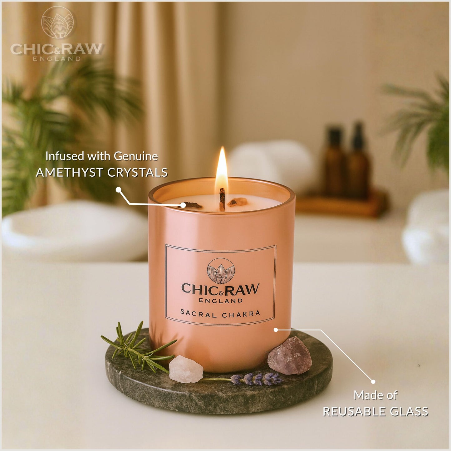 Aromatherapy Candle with Crystal Amethyst Sacral Chakra, Scented Candle Made of Ylang Ylang Oil, Luxury Long-Lasting Burn Soy Candle for Home Scented - Stress Relief, & Manifestation, 7.05oz