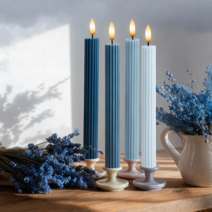 WYZworks Coordinated Blue Dawn Overcast Blues 4 Pack, 10" Real Wax LED Flameless Fluted Ribbed Grooved Taper Candles, Remote & Timer Memory, On/Off Button, Dimmable, Battery Operated, Menorah Wedding