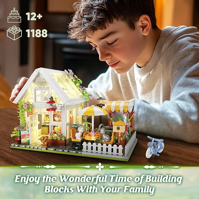 Flower House Building Block for Adults Garden Architecture Building Toy with LED Greenhouse Model Building Set Garden Glass House Building Kit Christmas &amp Ideal Gift for Kids 12+ (1188pcs)