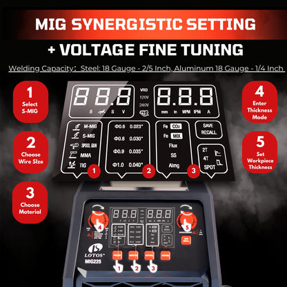 LOTOS MIG225SP MIG Welder with Aluminum Spool Gun, 225A 110/220V, 6 in 1 Gas MIG, Spool Aluminum, Gasless Flux Core, Stick, Lift TIG, Spot, Multi Process Welding Machine Auto Synergistic Setting