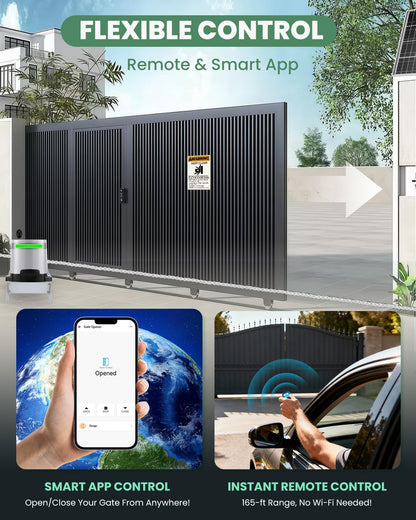 Spolehli 1300lb Sliding Gate Opener with Chain Drive & Solar Power, Automatic Slide Gate Motor Kit for 40ft Gates, WiFi App & Remote Control, Built-in Backup Battery & Anti-Collision Sensor