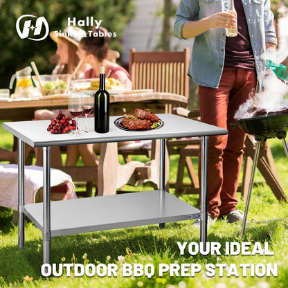 Hally Stainless Steel Table for Prep & Work 24 x 12 Inches, NSF Commercial Heavy Duty Table with Undershelf and Galvanized Legs for Restaurant, Home and Hotel