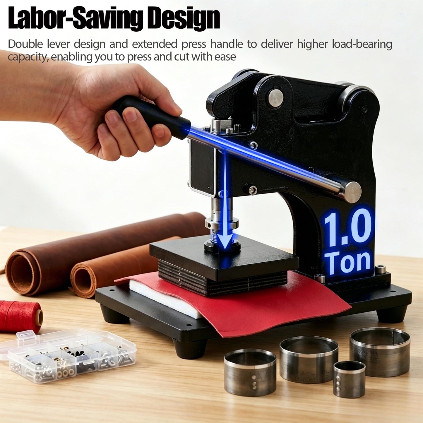 Leather Die Cutter Machine, 4.9”x3.5” Manual Leather Clicker Press Embossing Machine Heavy Duty Die Cutting Tool with 7X Round Dies for DIY Leathercrafts Fabric Rubber Plastic Cardboard