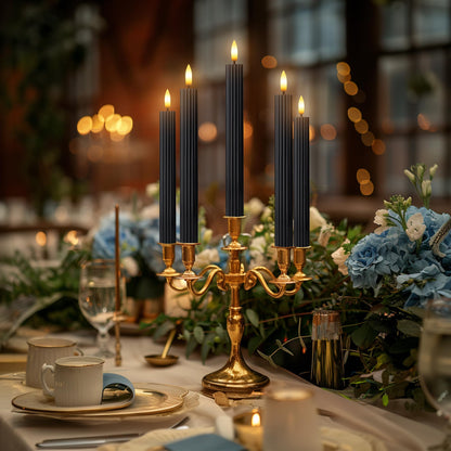 West Ivory 6 Pack, 10" LED Flameless Black Fluted Ribbed Grooved Taper Candles, Remote & 24h Timer Memory, On/Off Button, Dimmable, Flicker Mode, Battery Operated, Christmas Menorah Wedding