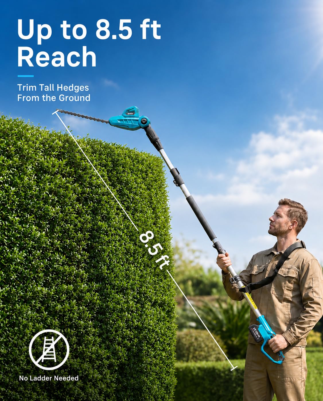 SEESII 20V Pole Hedge Trimmer Cordless, Electric Hedge Trimmer with Extension Pole, 8.5 FT Telescopic Pole with Shoulder Strap, 2 Packs 4.0Ah Batteries & Charger, Long Reach Bush Shrub Trimmer