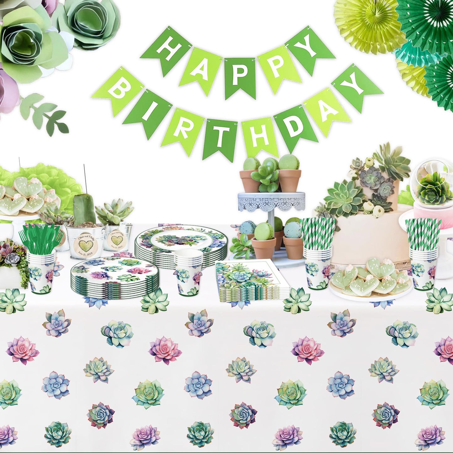 Xigejob Succulent Party Decorations Tableware - Succulent Party Supplies Dinnerware For Birthday & Baby Shower & Wedding & Bridal Shower, Paper Plate, Cup, Napkin, Tablecloth, Cutlery Straw | Serve 24