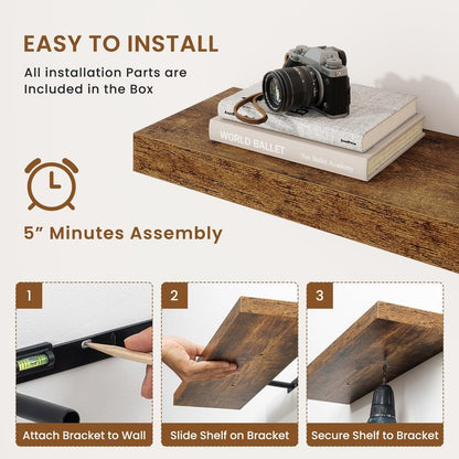 fuqing Floating Shelves for Wall, Wall Mounted Wood Floating Shelf with Invisible Brackets for Living Room, Bathroom, Bedroom, Kitchen Storage and Decor, 36 Inch Set of 2, Rustic Brown